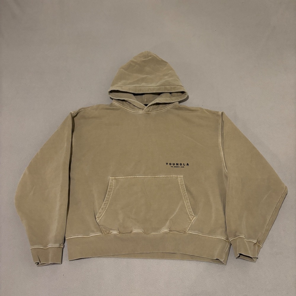 YoungLA The Immortal Club Hoodie Mens Large Tan Beige Washed Gym Workout Casual